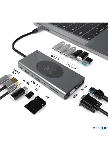 15IN1 Hub Kablosuz Şarj/type-C To 4K Hdmı/usba 3.0/tf SD/VGA/3.5MM/AUX/PD/RJ45 Gigabit Ethernet Dönüştürücü Adaptör