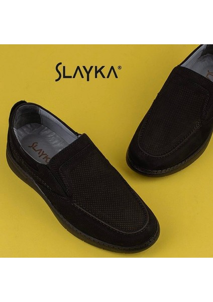 Siyah Hafif Nubuk Deri Bağcıksız Casual Ayakkabı