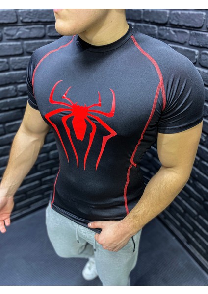 Compression Tshirt Fit Spor Kısa Kollu Vücuda Yapışan Kırmızı Spiderman Baskılı Çizgili Siyah T-Shirt