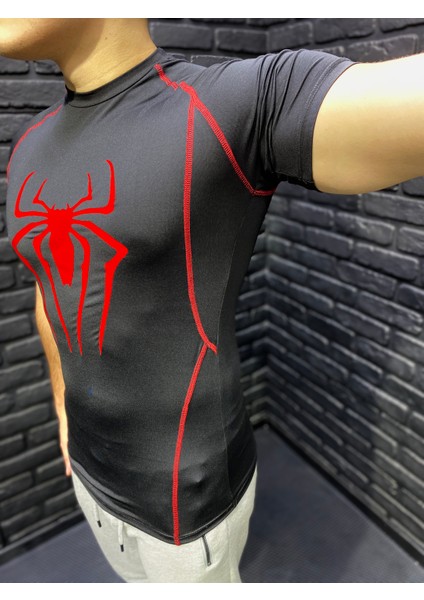 Compression Tshirt Fit Spor Kısa Kollu Vücuda Yapışan Kırmızı Spiderman Baskılı Çizgili Siyah T-Shirt