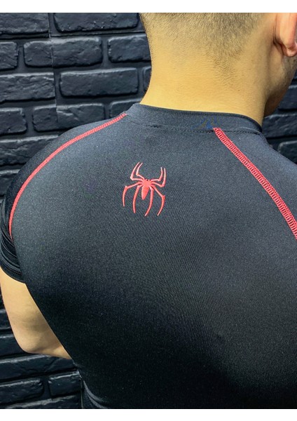 Compression Tshirt Fit Spor Kısa Kollu Vücuda Yapışan Kırmızı Spiderman Baskılı Çizgili Siyah T-Shirt