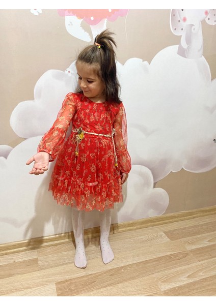 Kırmızı Bel Detaylı Tüllü Elbise