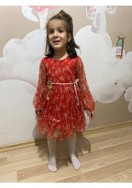 Kırmızı Bel Detaylı Tüllü Elbise fiyatları