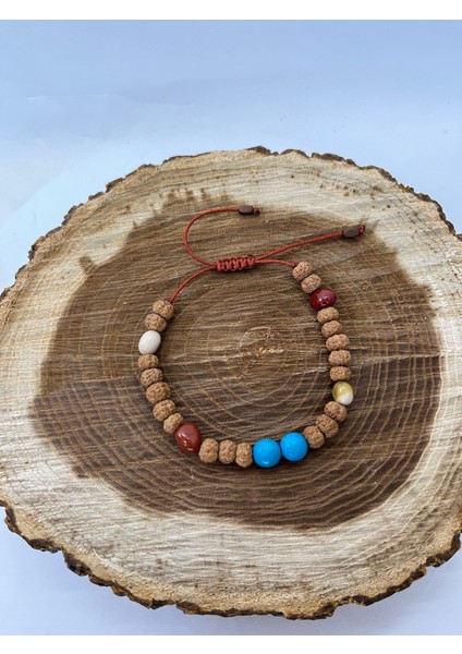 Rodocracha Rudraksha Tohumu Turkuaz ve Akik Doğal Taş Bileklik El Yapımı Makrome Bileklik fırsatları