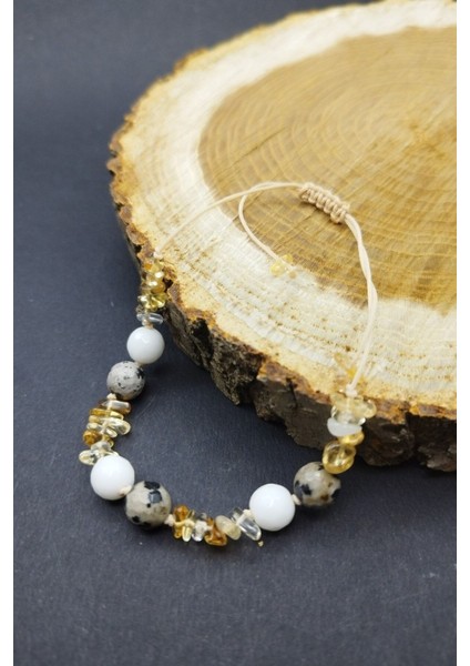 Para Enerjisi Kırık Sitrin Taşı, Jade ve Jasper Taşı El Yapımı Makrome Doğal Taş Bileklik