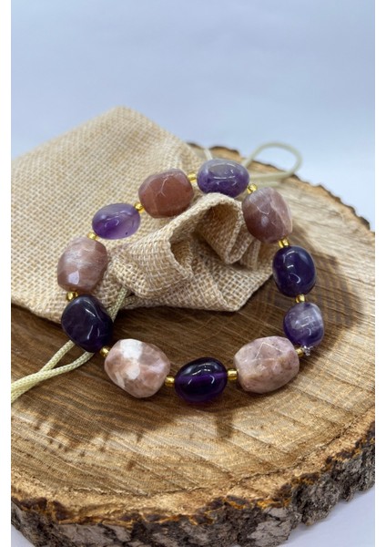 El Yapımı Karma Iri Ametist Taşı ve Ay Taşı Lüks Esnek Doğal Taş Bileklik