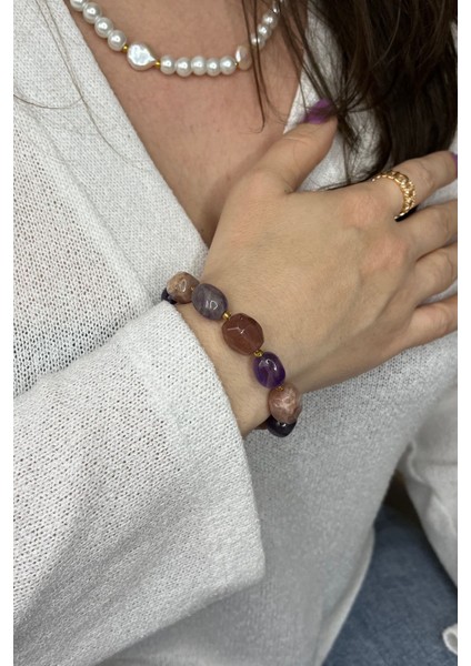 El Yapımı Karma Iri Ametist Taşı ve Ay Taşı Lüks Esnek Doğal Taş Bileklik fiyatları