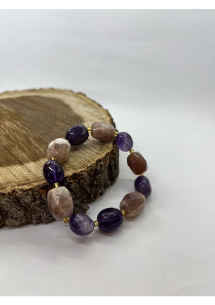 El Yapımı Karma Iri Ametist Taşı ve Ay Taşı Lüks Esnek Doğal Taş Bileklik modelleri