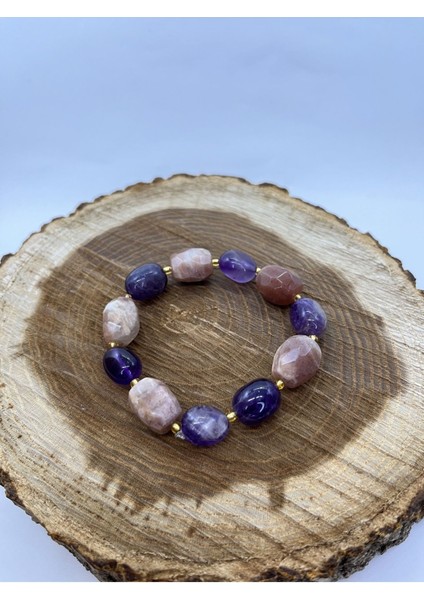El Yapımı Karma Iri Ametist Taşı ve Ay Taşı Lüks Esnek Doğal Taş Bileklik fırsatları