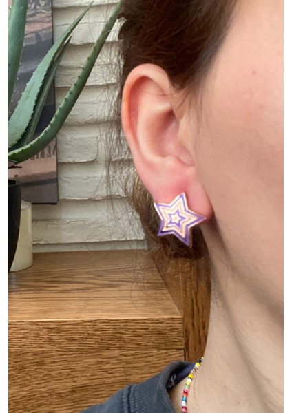 028 2500 Lila Yıldız 3 Boyutlu Lila Tek Ebat Küpe