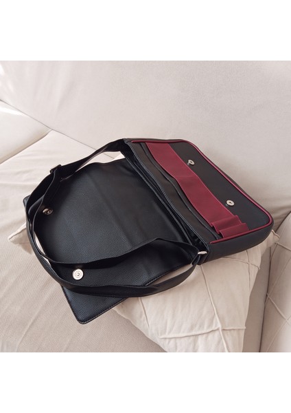 Kaliteli Suni Deri Unisex Askılı Omuz Çantası Evrak Çantası Postacı Çantası 35X25X8 Siyah Bordo indirimleri