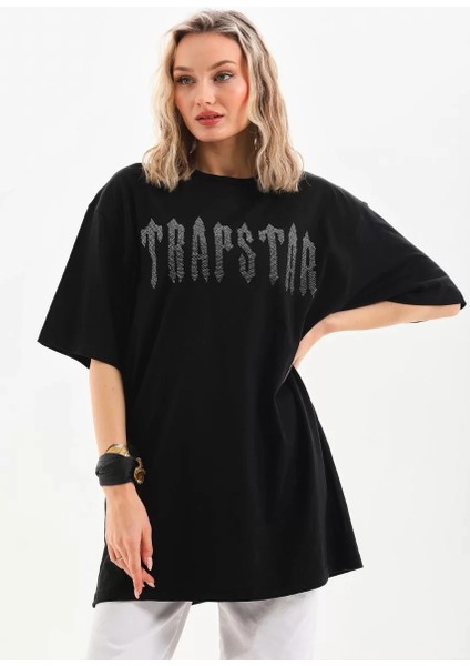 Taş Desenli Oversize T-Shirt Siyah