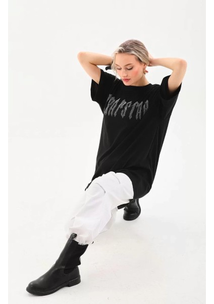 Taş Desenli Oversize T-Shirt Siyah