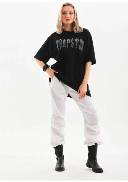 Taş Desenli Oversize T-Shirt Siyah