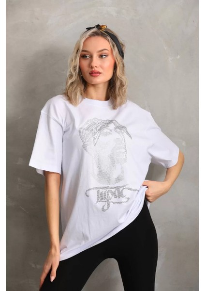 Taş Desenli Oversize T-Shirt Beyaz