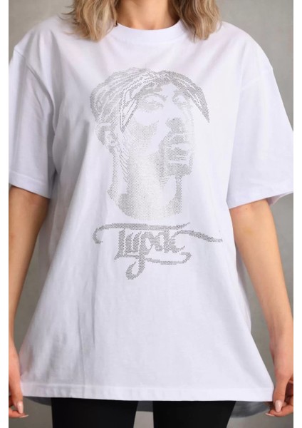 Taş Desenli Oversize T-Shirt Beyaz