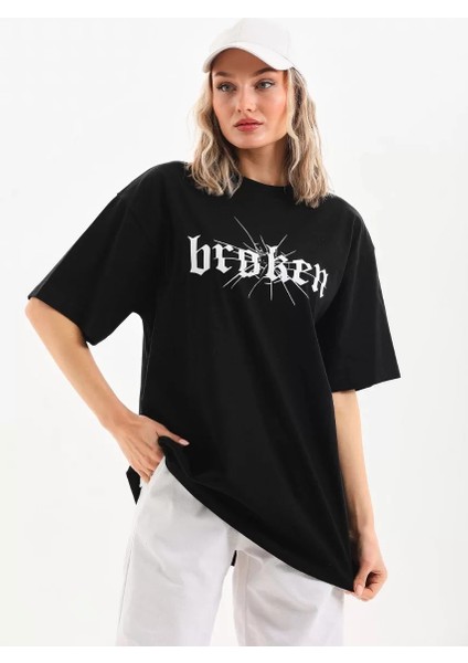 Baskılı Oversize T-Shirt Siyah indirimleri