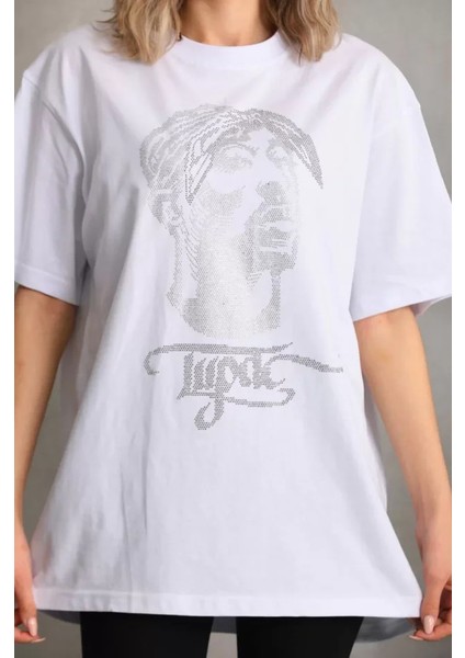 Drgy Unisex Taş Desenli Oversize T-Shirt - Beyaz