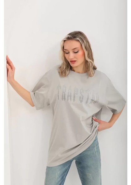 Moda Muvo Store Taş Desenli Oversize T-Shirt Gri