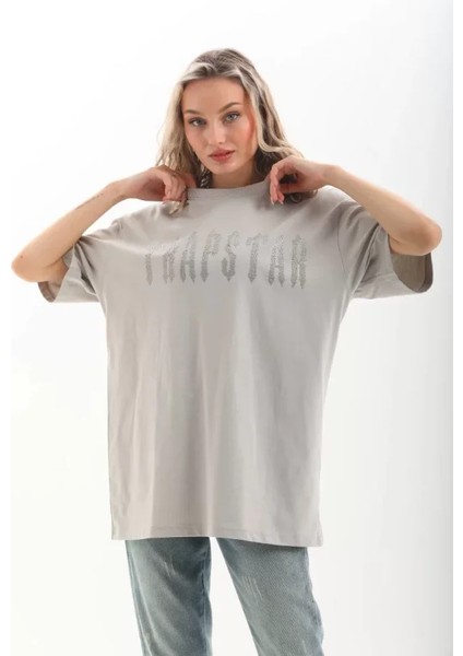 Unisex Taş Desenli Oversize T-Shirt - Gri