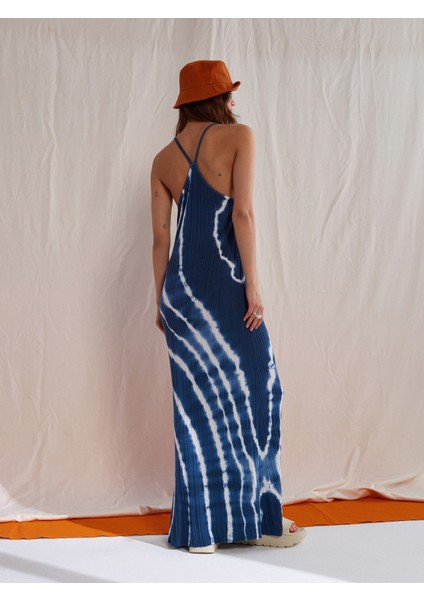 90155 Batik Desen Askılı Triko Elbise-Lacivert fiyatları