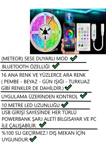 Neon LED Şerit Işık Rgb Çok Renkli Sese Müziğe Duyarlı Kumandalı Aydınlatma ve Adaptör 10 Metre