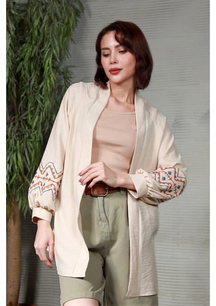 Kadın Kolları Nakışlı Aerobin Midi Kimono Taş - 6015