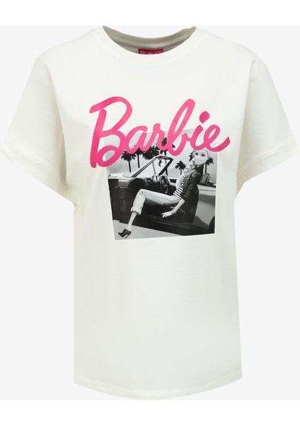 Bisiklet Yaka Baskılı Ekru Kadın T-Shirt BRB4SL-TST6090