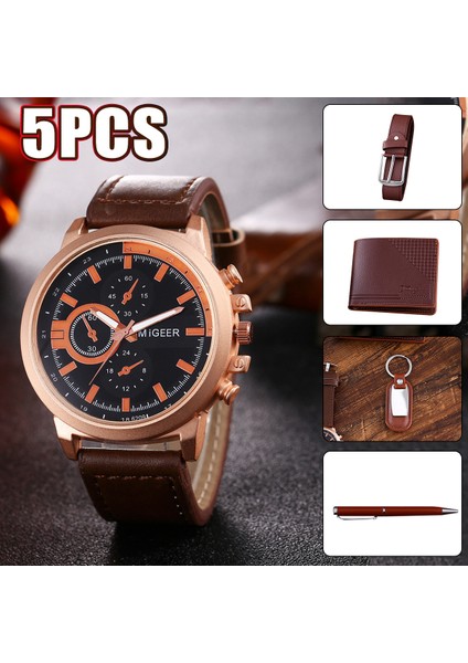 Stil 5pcs Kahverengi Moda Hediye Seti, Quartz Saat + Kalem + Kemer + Anahtarlık + Cüzdan (Yurt Dışından) fiyatları