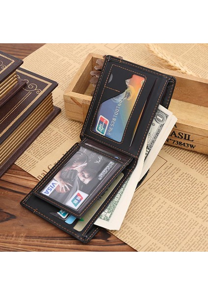 Erkek Deri Bifold Cüzdan Erkek Cüzdan Kredi/kimlik Kartı Makbuz Fotoğraf Tutucu Bozuk Para Cüzdanı Vintage Çantalar Düz Renk Küçük Para Çantası (Yurt Dışından) fırsatları