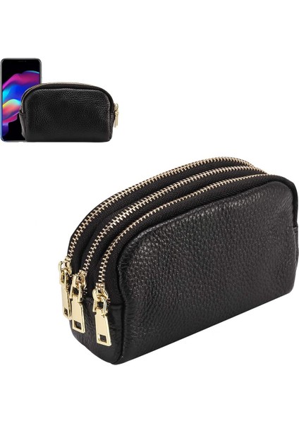 Kadın Üçlü Zip Anahtarlık Bozuk Para Cüzdanı Deri Kartlıklı Cüzdan Mini Kese-Siyah (Yurt Dışından) modelleri
