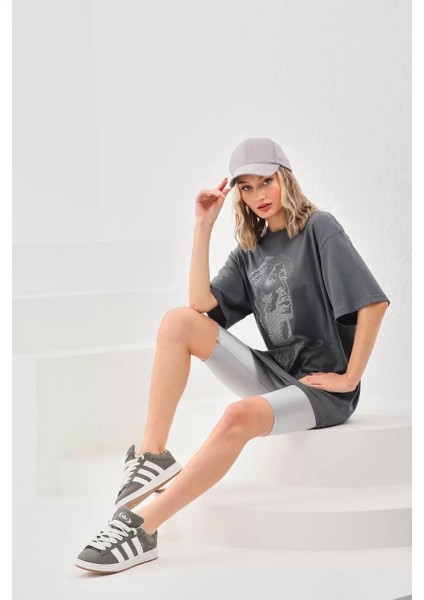 Taş Desenli Oversize T-Shirt Füme modelleri