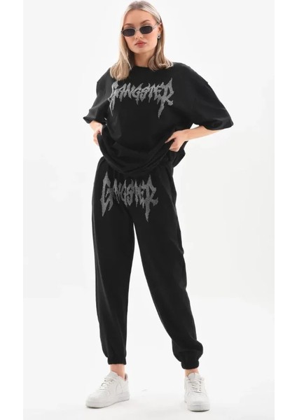 Taşlı T-Shirt ve Eşofman Takımı - Siyah modelleri