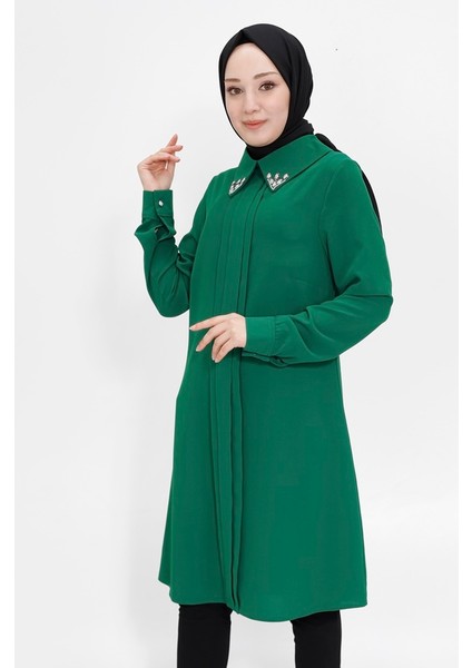 2407 Yaka Ucu Taşlı Krep Kumaş Tesettür Tunik