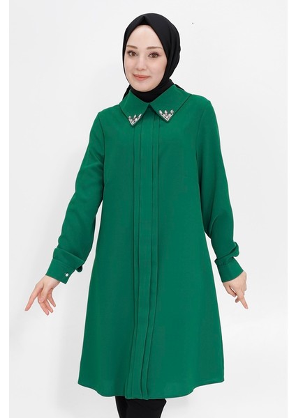 2407 Yaka Ucu Taşlı Krep Kumaş Tesettür Tunik modelleri