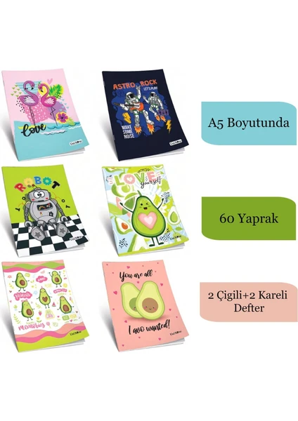 A5(Küçük Boy) 60 Yaprak Karton Kapak Tel Dikişli Defter 2 Çizgili 2 Kareli