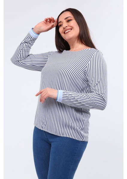 Kadın Uzun Kollu Çizgili Mavi Bluz modelleri