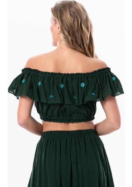 Lavinya Vual Lastik Detaylı Nakışlı Yazlık Crop Bluz Yeşil Ysl
