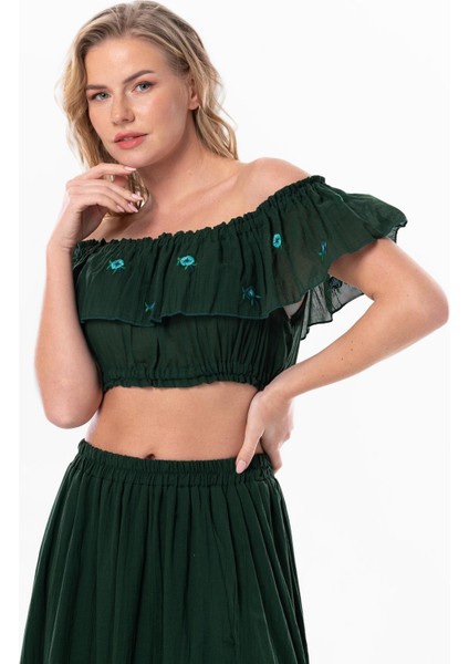 Lavinya Vual Lastik Detaylı Nakışlı Yazlık Crop Bluz Yeşil Ysl