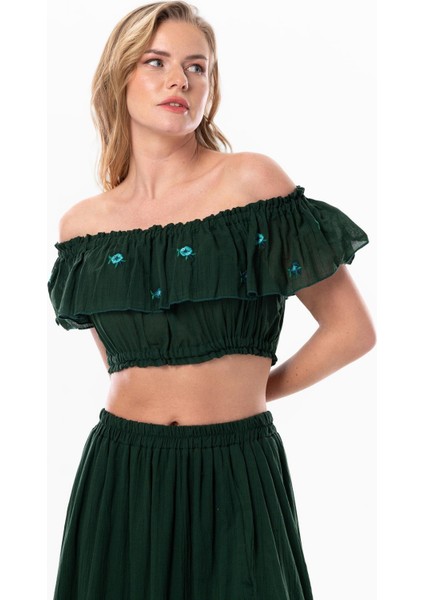 Lavinya Vual Lastik Detaylı Nakışlı Yazlık Crop Bluz Yeşil Ysl