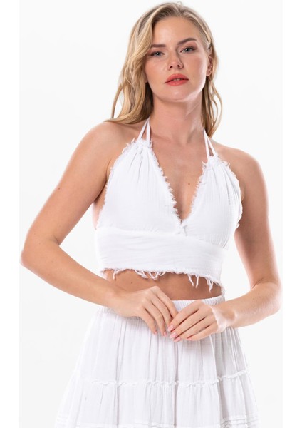 Göcek Bağlama Detaylı Yazlık Müslin Büstiyer Beyaz Byz