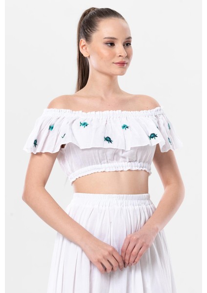 Lavinya Vual Lastik Detaylı Nakışlı Yazlık Crop Bluz Beyaz Byz