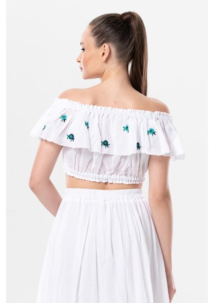 Lavinya Vual Lastik Detaylı Nakışlı Yazlık Crop Bluz Beyaz Byz