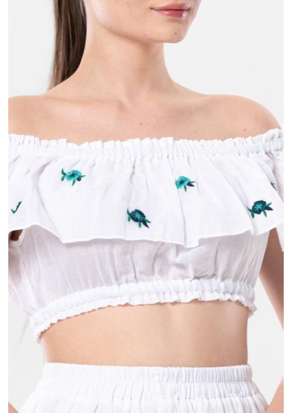 Lavinya Vual Lastik Detaylı Nakışlı Yazlık Crop Bluz Beyaz Byz
