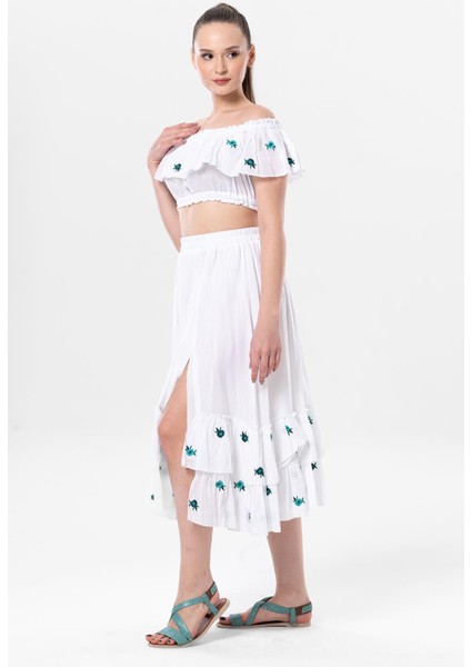 Lavinya Vual Lastik Detaylı Nakışlı Yazlık Crop Bluz Beyaz Byz