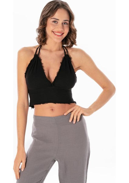 Göcek Bağlama Detaylı Yazlık Müslin Büstiyer Siyah Syh