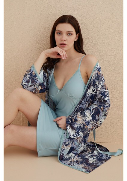 Mint Çiçekli İp Askılı Düşük Omuz Dantel Detay 2li Bambu Gecelik Sabahlık -çeyizlik 2 Parça Viskon