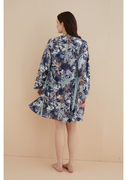 Mint Çiçekli İp Askılı Düşük Omuz Dantel Detay 2li Bambu Gecelik Sabahlık -çeyizlik 2 Parça Viskon modelleri