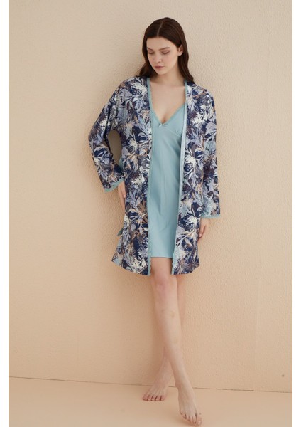 Mint Çiçekli İp Askılı Düşük Omuz Dantel Detay 2li Bambu Gecelik Sabahlık -çeyizlik 2 Parça Viskon fırsatları