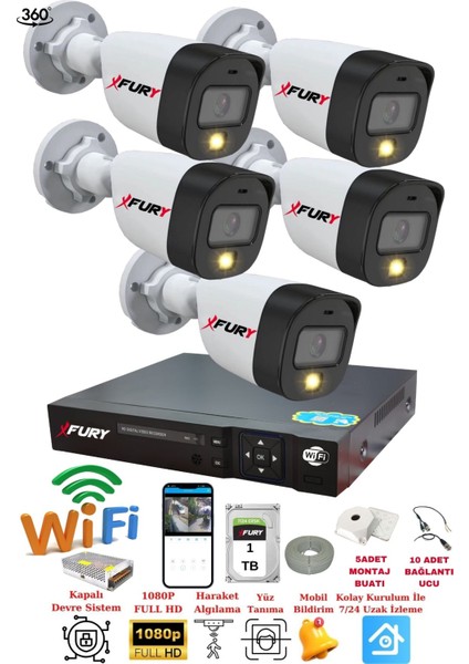 5 Kameralı 1080P 2mp Görüntü Gece Renkli Full Hd Ultra LED Gece Renkli Güvenlik Kamerası Seti 1 Tb